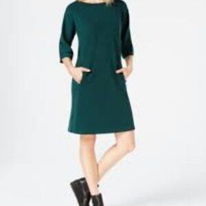 Eileen Fisher Tencel Ponte 3/4-Sleeve Boat-Neck Dress‎ Emerald Green Size Small